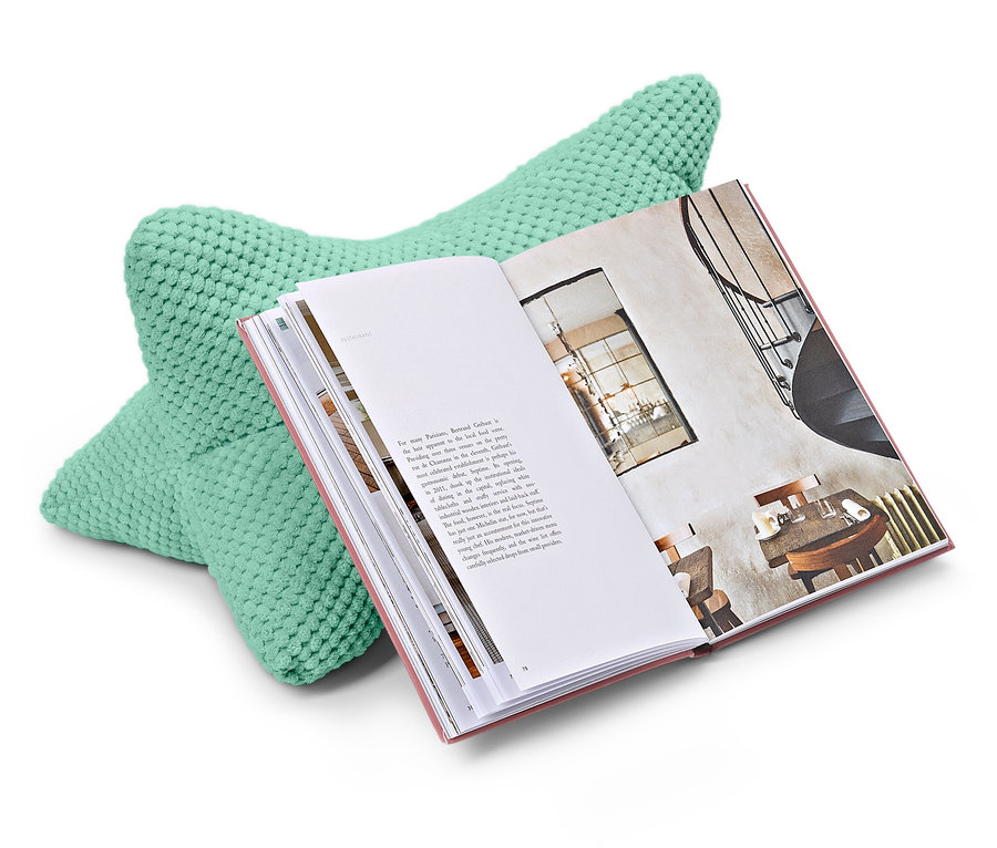 Nane yeşili bir okuma yastığı açık bir kitabı destekliyor.