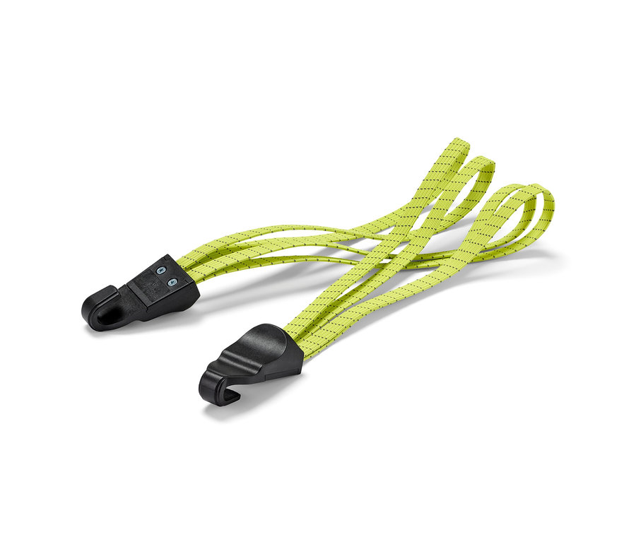 Uçlarında siyah kancalar bulunan iki adet sarı bisiklet bagaj lastiği.