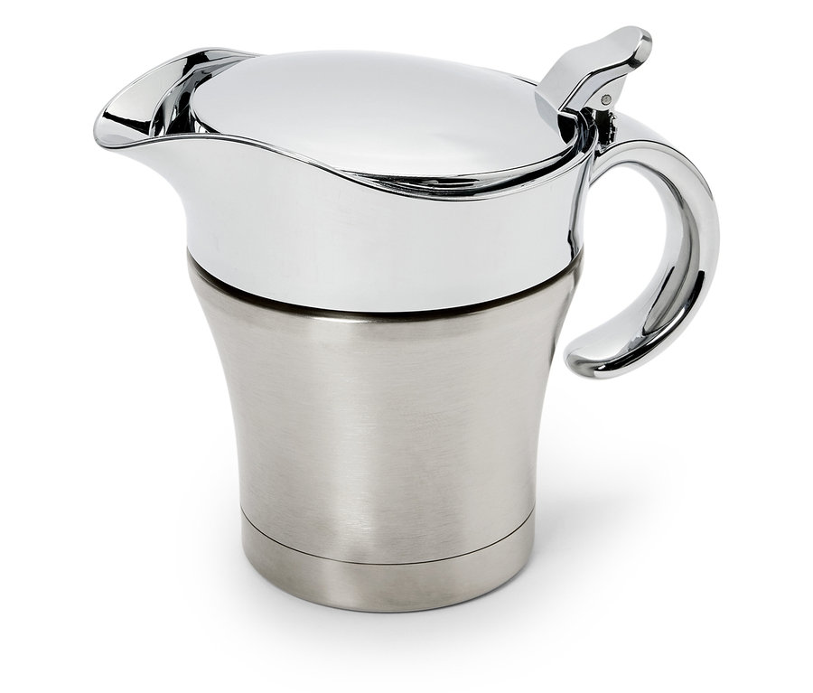 Krom kapaklı ve saplı paslanmaz çelik termos.