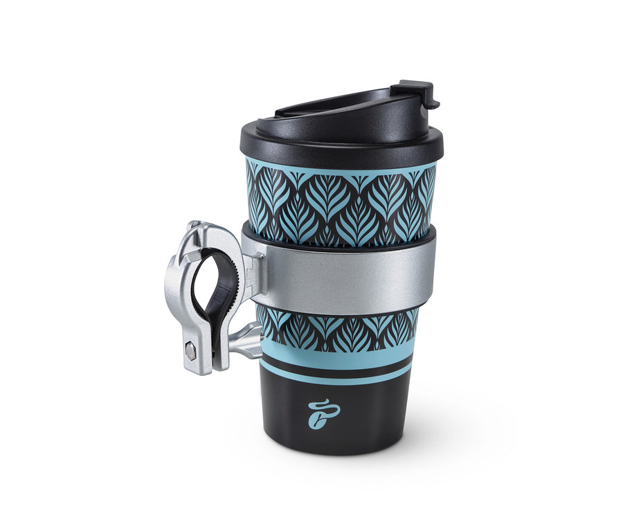 Siyah ve mavi yaprak desenli bisiklet bardaklığı.