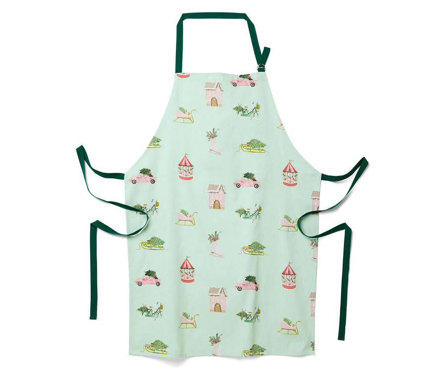 Açık yeşil renkli, evler, arabalar, kızaklar ve atlı karıncalardan oluşan Noel temalı önlük.