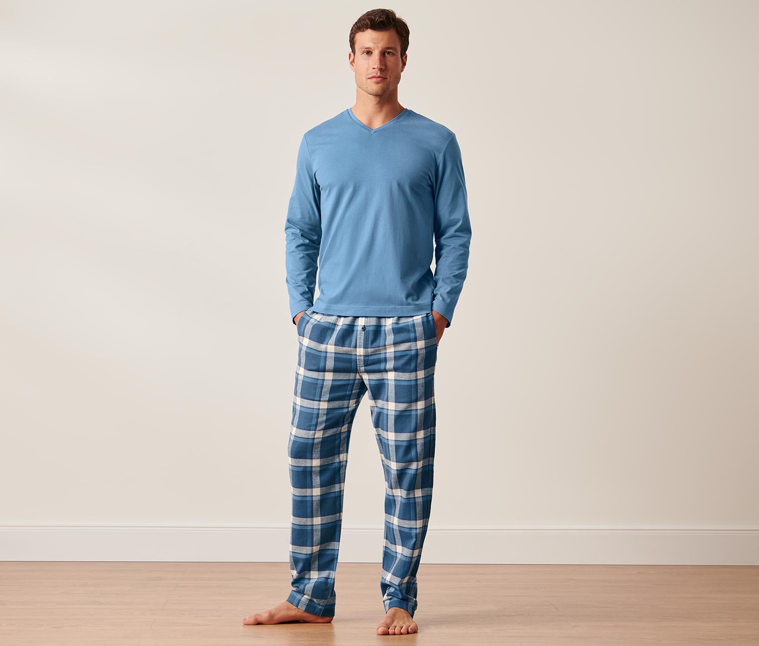 Flanel Pijama Takımı, Mavi Kareli 647576